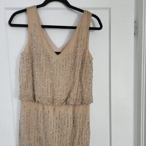 XSCAPE Dress Gold/Beige with vertical beads Size 4